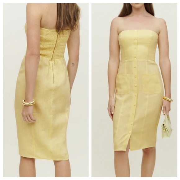 Reformation Prescott Linen Midi Strapless Dress Zest Yellow NWT 12 - Picture 1 of 6